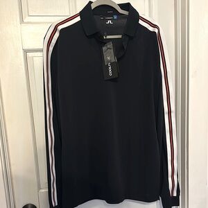 J.Lindeberg Men's Black Shirt with Red and White Stripes coolpique size large